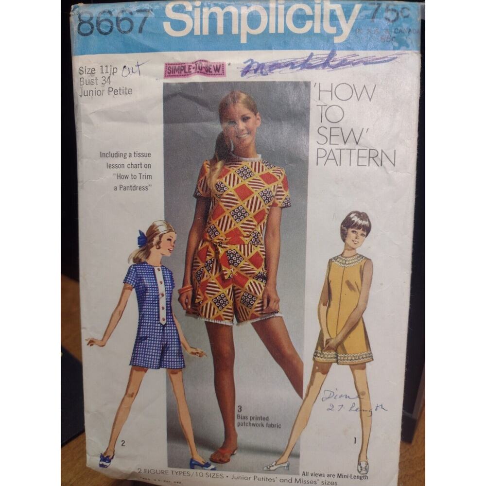 Vintage Simplicity Pattern 8667 Mini-Pantdress‎ Junior Petites'/Misses' (1969)